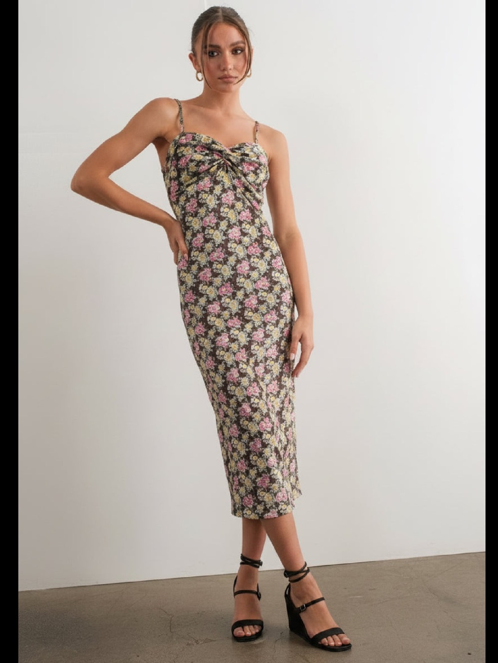 PRETTY GARBAGE Y2K Twist-Front Textured Velvet Floral Midi Dress ♥️♥️